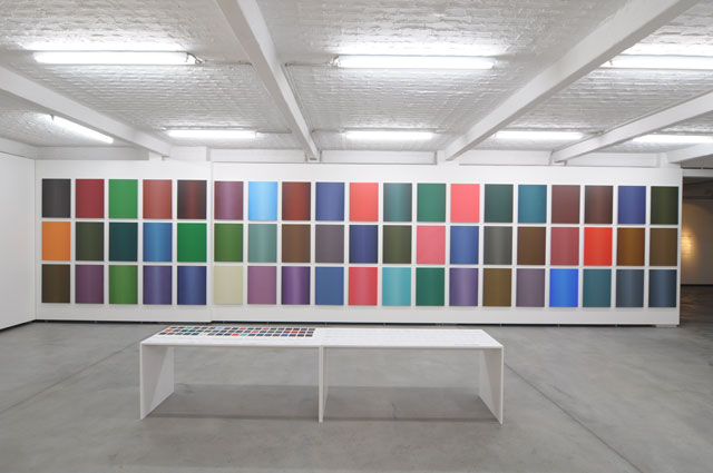 Maryam Najd. Fragment of Non Existence Flag Project. Installation view at Kunstlerhaus Bethanien 2012. Acrylic and oil on canvas, 193 canvases, each 80 x 60 cm. Image courtesy Maryam Najd.