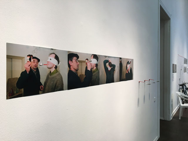 Learn to See for Yourselves. Performance with reading by artists of Borey Gallery, St. Petersburg: 'I come to you naked and handsome,' 1 May 1996. Initiator: Larissa Nazentseva. Participants: Igor’ Panin, Sergei Spirikhin, Vadim Fliagin. Installation view at MMoMA @ Natasha Kurchanova.