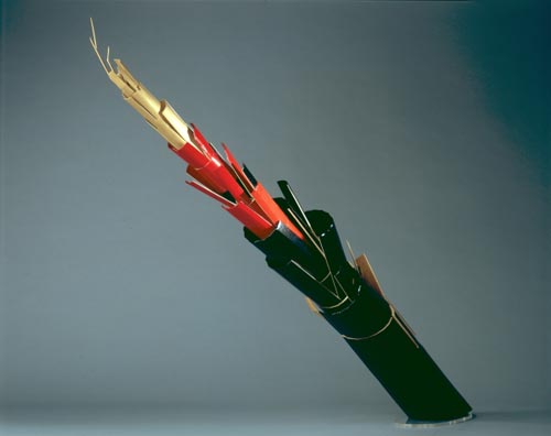 Ikeda Iwao (b. 1940) <em>Destruction and Creation</em>, 2006. Bamboo, red and black lacquer, and gold powder, approximately 39 x 71 in. Collection of the artist. Photo: Katsuhiko Ushiro.