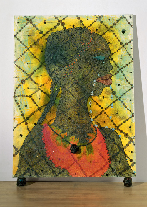 Chris Ofili. No Woman, No Cry, 1998. Acrylic, oil, polyester resin, pencil, paper collage, glitter, map pins and elephant dung on linen, 243.8 x 182.8 cm
Photo: Tate.