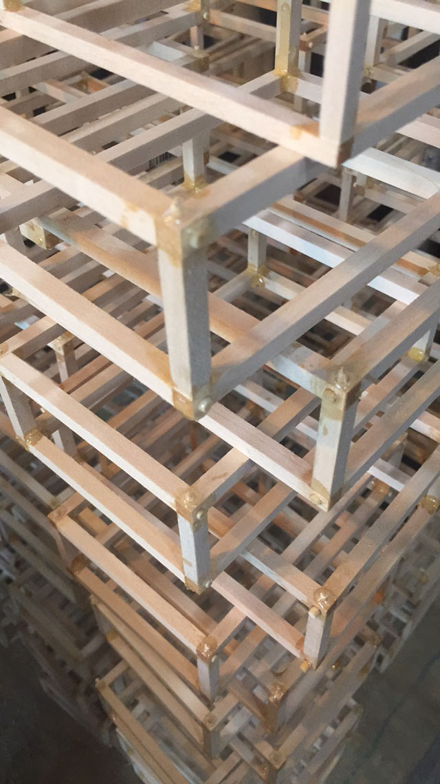 Stack of modules for Lanchals, each individual joint drilled and dowelled using bamboo skewers and toothpicks. Image courtesy John Powers.