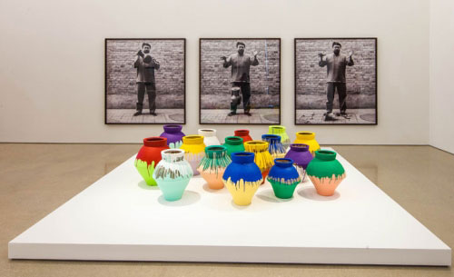Ai Weiwei: According to What?. From top to bottom: Dropping a Han Dynasty Urn, 1995/2009; Coloured Vases, 2007-2010.  Installation view Pérez Art Museum Miami. Photograph: Daniel Azoulay photography.