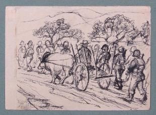 Philip Pearlstein. Soliders (Monte Cassino, Italy), 1944. Ink on paper, 12 x 15.7 cm (4 3/4 x 6 1/8 in).