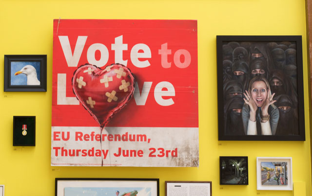 Banksy. Vote To Love. Spray paint on UKIP placard, 117 x 116 cm. © Royal Academy of Arts. Photography: David Parry.