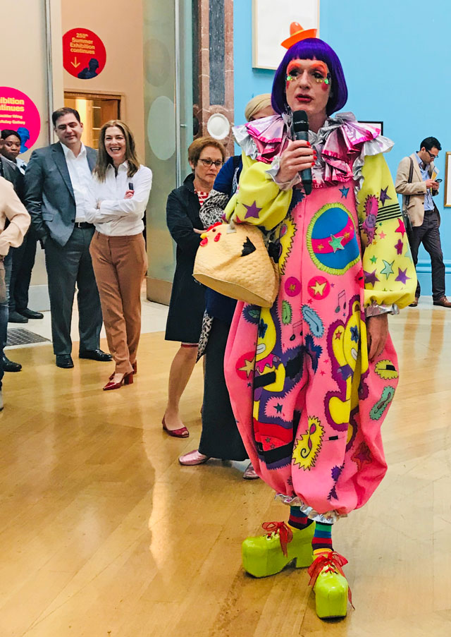 Grayson Perry speaking to the press at the opening of the Royal Academy of Arts 250th Summer Exhibition. Photograph: Martin Kennedy.