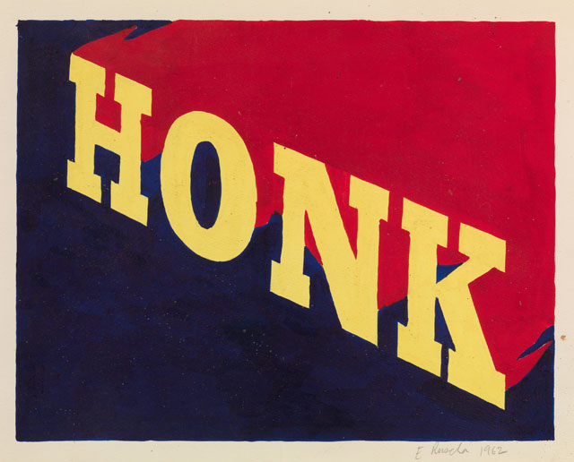 Ed Ruscha. HONK, 1962. Drawing, acrylic paint on paper, 27.9 x 35.2 cm. Collection: Scottish National Gallery of Modern Art. Artist Rooms National Galleries of Scotland and Tate. Acquired jointly through The d'Offay Donation with assistance from the National Heritage Memorial Fund and the Art Fund 2008. © Ed Ruscha.