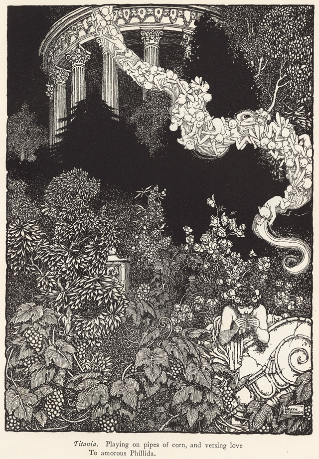 William Heath Robinson. Playing on Pipes of Corn and versing Love, 1914. Photolithograph after a drawing by William Heath Robinson for Shakespeare’s Comedy of a Midsummer Night’s Dream, published in London by Constable & Co. Ltd. 1914 (p.79), 21.40 x 15.20 cm. Photograph: © Royal Academy of Arts, London.