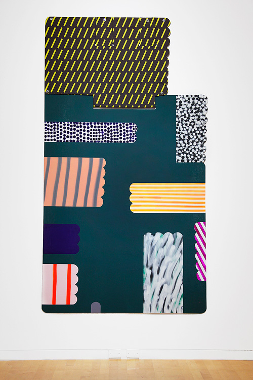 Ruth Root. Untitled, 2015. Fabric, Plexiglas, enamel paint, and spray paint, 116 x 63 1/2 in (289.6 x 160 cm). Courtesy of the artist and Andrew Kreps Gallery, New York. Photograph: Chad Kleitsch.