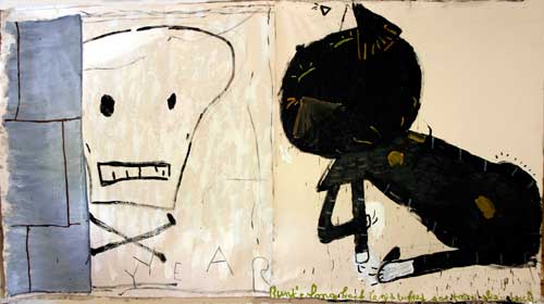 Rose Wylie. <em>Cat & Skull,</em> 2010. Oil on canvas, 183 cm x 343 cm. Image courtesy of UNION, London.