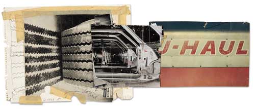 James Rosenquist. Collage for U-Haul-It; U-Haul-It, One Way Anywhere; and For Bandini, 1968. Magazine clippings, color photograph, and mixed media on paper, 9 3/8 x 23 1/4 inches (23.8 x 59.1 cm).Collection of the artist. Photo by George Holzer, courtesy of James Rosenquist