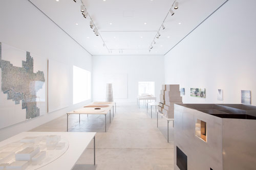Towada Art Centre, Aomori, Japan, SANAA exhibition view: architectural models, drawings and video projections.