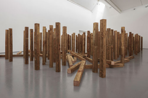 Roman Signer. Installation with wooden beams, 2015. Photograph: Ruth Clark, courtesy of Dundee Contemporary Arts.