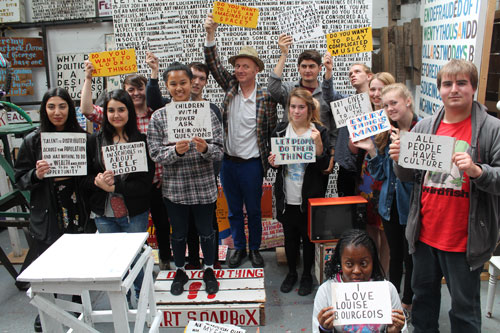 Bob and Roberta Smith. Young people from William Morris Gallery visiting Bob and Roberta’s studio, Ramsgate, August 2015. Photograph courtesy William Morris Gallery, London Borough of Waltham Forest.