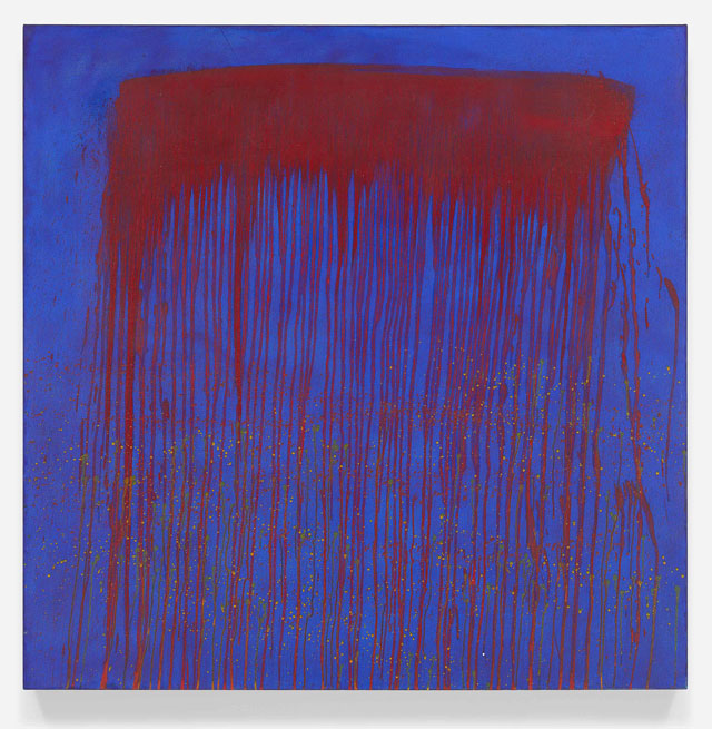 Pat Steir. Vibrating Blue and Red Waterfall, 1993. Oil on canvas, 48 x 48 in (121.9 x 121.9 cm). © Pat Steir, 2016. Courtesy Dominique Lévy, New York / London.