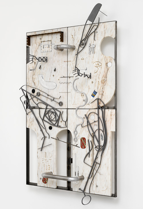 George Henry Longly. Trophic Cascade, 2015. Water jet cut marble, steel, aluminium, rubber; Shot blasted steel; mirror polished alumiunium tube; sardine tins; Regain, crushed whipped cream charger; steel chain; bright steel frame fixing, 160 x 110 x 10 cm. © the artist; Courtesy Lisson Gallery, London.