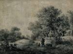 Jacob van Ruisdael. <em>Hunter with Three Dogs Entering a Wood</em>, 1646. Black chalk, brush, pen and grey wash. 28.4 x 38.5 cm. Staatliche Museen zu Berlin, Kupferstichkabinett. Photo © Bildarchiv Preussischer Kulturbesitz.