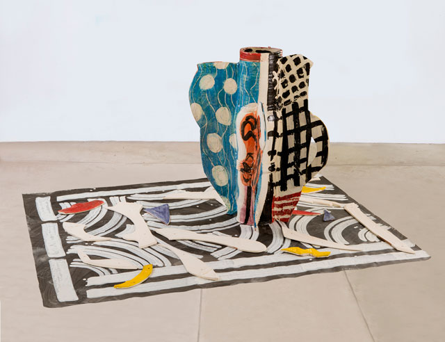 Betty Woodman. Aztec Vase and Carpet #2, 2012. Glazed earthenware, epoxy resin, lacquer, paint, canvas, 151 x 124 x 86 cm approx. 
Photograph: Bruno Bruchi.