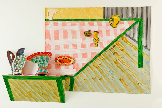 Betty Woodman. Country Dining Room, 2015. Glazed earthenware, epoxy resin, lacquer, acrylic paint, canvas, wood, 164 x 244 x 30 cm. 
Photograph: Bruno Bruchi.