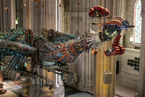 Xu Bing. Phoenix Project, 2008-2010. Installation view (2) of Phoenix: Xu Bing at the Cathedral, The Cathedral Church of Saint John the Divine, New York, 2013. 27 and 28 metres in length, 8 metres in width, 5 metres in height. Courtesy Xu Bing Studio and The Cathedral Church of Saint John the Divine.