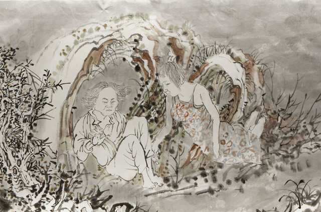 Yun-Fei Ji. After the First Seventh Day, 2016. Ink and watercolour on Xuan paper. Suite of three scrolls: two measuring 17 in x 10 ft (43.2 cm x 3 m); one measuring 17 in x 15 ft (44.5 cm x 4.6 m). Courtesy of the artist and James Cohan, New York.