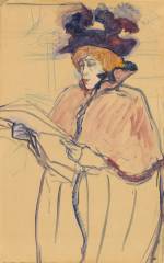 Henri de Toulouse-Lautrec. Jane Avril Looking at a Proof, 1893. Oil and crayon on paper, 20 1/4 x 12 3/4 in. Gift of Henry W. and Marion H. Bloch, 2015.