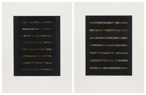 Zarina. Northeast Light I & II, 2014. BFK light paper printed with black ink and collaged with strips of black and 22-karat gold leaf paper mounted on Somerset white paper. Diptych. Unique. Sheet size: 26 x 19 3/4 in (66.04 x 50.17 cm). © Zarina; Courtesy of the artist and Luhring Augustine, New York.