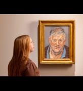 Installation view, Lucian Freud: Drawing into Painting, National Portrait Gallery, London. David Hockney, 2002, Lucian Freud, Oil on canvas © The Lucian Freud Archive. All Rights Reserved 2026 / Bridgeman Images, Lent by a private collection. Photo copyright © David Parry.