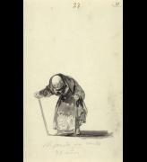Francisco Goya. No puede ya con los 98 anos (Just can't go on at the age of 98). 'Witches and Old Women' Album (D), page 23, c1819-23. Brush, black and grey ink , 23.3 x 14.4 cm. Los Angeles, The J. Paul Getty Museum.