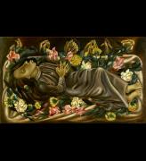 Juan Soriano. <em>The Dead Girl</em>, 1938. Oil on panel, 18 1/2 x 31 1/2 inches. Philadelphia Museum of Art, gift of Mr and Mrs Henry Clifford, 1947.