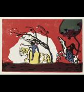 Wassily Kandinsky, Two Riders Against a Red Background, 1911. Colour woodcut (print). © Staatliche Museen zu Berlin, Kupferstichkabinett / Dietmar Katz.