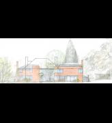 New Architecture by Trevor Dannatt. South elevation of the new house with the old house superimposed in outline.
