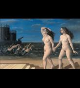 Paul Delvaux. Les femmes devant la mer, 1943. Oil on canvas, 105.5 x 166.5 cm. © Paul Delvaux Foundation, Belgium. Courtesy of Blain|Di Donna and the Paul Delvaux Foundation, Belgium.