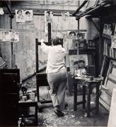 Joan Eardley in her Townhead Studio - Pink Jumper top right. Photograph by Audrey Walker.