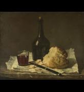 Imitator of Jean-Siméon CHARDIN, 1699–1779.<strong> </strong><em>Still Life with Bottle, Glass and Loaf, </em>19th century. Oil on canvas, 38.1 x 45.1 cm. Presented by Lord Savile, 1888. © The National Gallery, London.