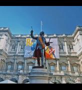 Alfred Drury’s statue of Sir Joshua Reynolds PRA in the courtyard of the Royal Academy of Arts wears a sash of Dutch wax print. Photo: William Kennedy.