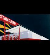 Ed Ruscha. <em>Standard Station</em> 1966. Oil on canvas,  20 1/2  x 39 inches. Courtesy Private Collection © Ed Ruscha 2009. Photography: Paul Ruscha.