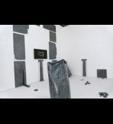 Susannah Stark. North East Wis-Dom, 2016. Installation view. Digital print, primed canvas, thread, foamboard, cotton, polystyrene, HD video, HD monitor, vinyl flooring.