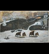 Alfred Wallis. Two ships and steamer sailing past a port – Falmouth and St. Anthony lighthouse, c1931. Oil on card, 26.3 x 40.9 cm. Courtesy of Kettle’s Yard, University of Cambridge.