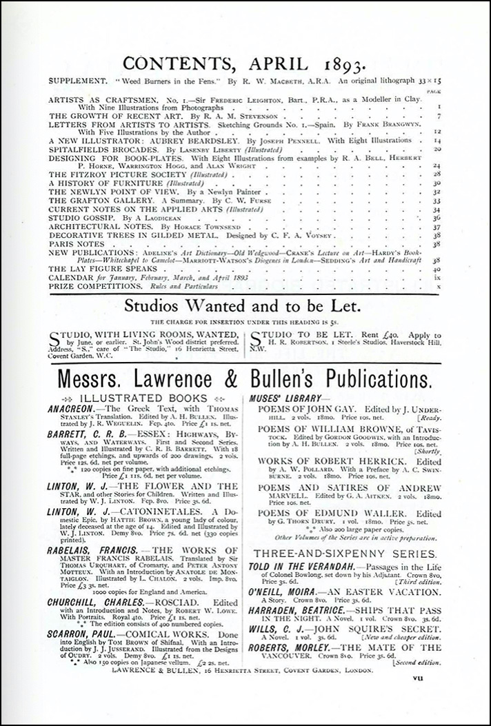 The Studio: An Illustrated Magazine of Fine and Applied Art, Vol 1, No 1, April 1893, contents.