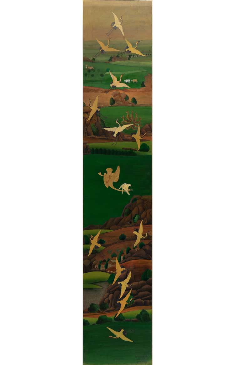 Gulammohammed Sheikh, शिकार Hunted, 2018 – 2024. Acrylic on board, 213.4 x 39.4 cm. Taimur Hassan Collection. © Gulammohammed Sheikh.