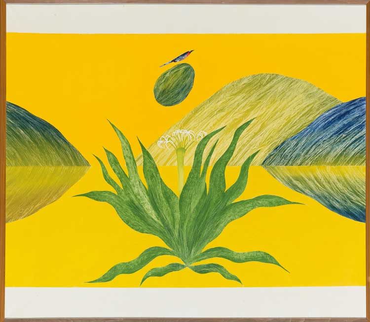 Jagdish Swaminathan, Untitled (Lily by my Window), circa early 1970s. Oil on canvas, 106.7 x 121.9 cm. Private collection, Switzerland. Photograph Courtesy of Sotheby’s, Inc. © 2025. © J. Swaminathan Foundation.