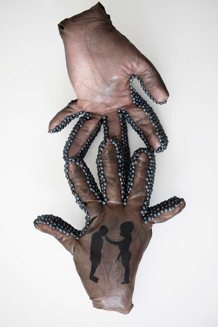 Elia Alba, Bond, Bless, Heal, 2020. Photo transfers on fabric, acrylic, beads, zipper, polyester-fill and wire, 10 x 14 x 6 in. Collection of the artist, New York.