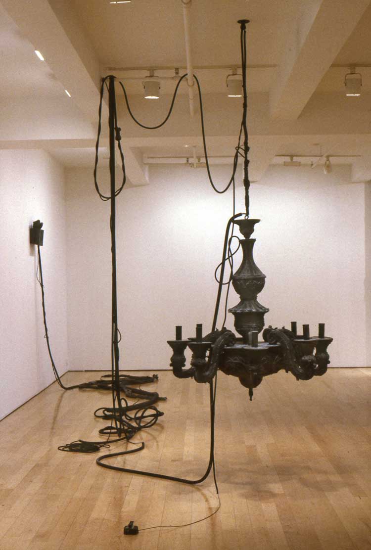 Jeanne Silverthorne, Untitled (Chandelier), 1994. Rubber and resin sculptural installation, 56 x 50 in. diameter; EXIT sign: 15 x 14.5 x 5 in. Collection of the artist, New York