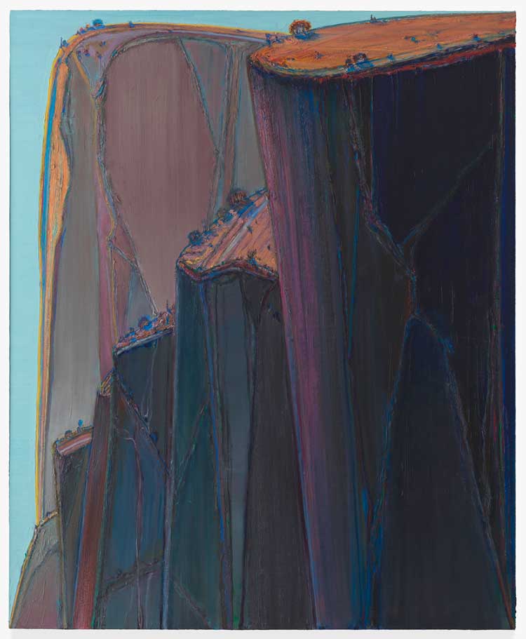 Wayne Thiebaud. Canyon Mountains, 2011-12. Oil on canvas, 66 1/8 x 54 1/8 in (167.96 x 137.48 cm). San Francisco Museum of Modern Art, Purchase, by exchange, through fractional gifts of Gretchen and John Berggruen and Madeleine Haas Russell, and gift of the Thiebaud family © Wayne Thiebaud Foundation / Licensed by VAGA at Artists Rights Society (ARS), NY Photograph: Katherine Du Tiel.