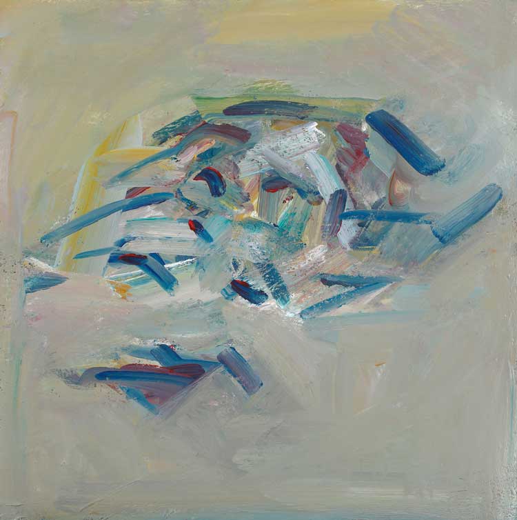 Frank Auerbach. Reclining Head of Julia, 2019-20. Acrylic on board, 22 1/4 x 22 1/4 in (56.5 x 56.5 cm). © The Estate of Frank Auerbach. Courtesy Frankie Rossi Art Projects and Michael Werner Gallery.
