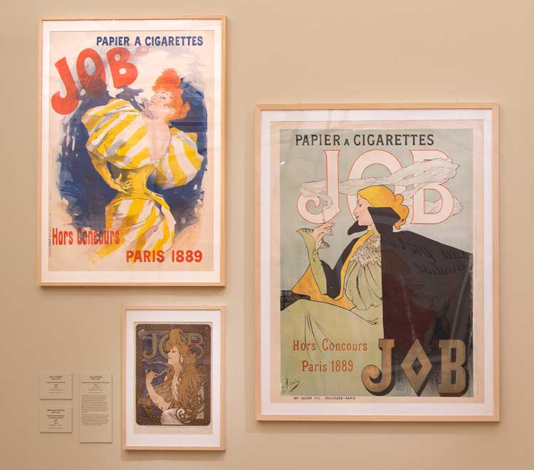 Clockwise from top left: Jules Chéret, Jane Atché and Alphonse Mucha. Posters for JOB cigarette papers, exhibition view, Art is in the Street, Musée d'Orsay, 2025. Photo © Musée d'Orsay / Allison Bellido Espichan.