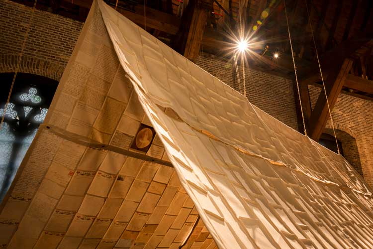 Selva Aparicio. If I write again, 2024. Installation view, In Flanders Fields Museum, The Cloth Hall, Ypres, Belgium. Photo: AS Deldycke.