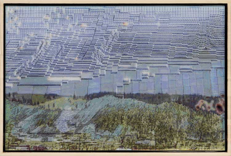 Robbie Barrat, Landscapes, 2022-2023. Plexiglass print of custom trained networks and other processing scripts, 16.4 x 25.1 cm. Courtesy of Gazelli Art House. Copyright of the artist.