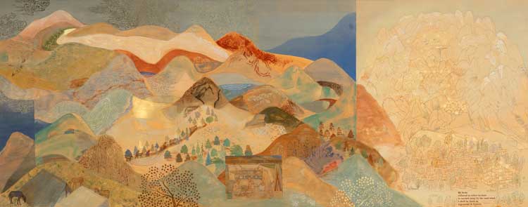 Nilima Sheikh, Home, Land 2, 2024. Mixed tempera on Sanganer paper, 76.2 x 193.04 cm. Sunita and Vijay Choraria. © The Artist.