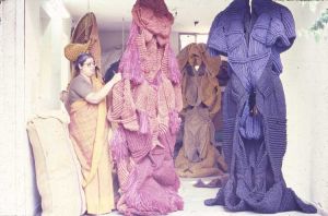 Mrinalini Mukherjee and works in progress at her garage studio. New Friends Colony, New Delhi, c1985. Courtesy of Mrinalini Mukherjee Foundation and Asia Art Archive. Photo: Ranjit Singh.